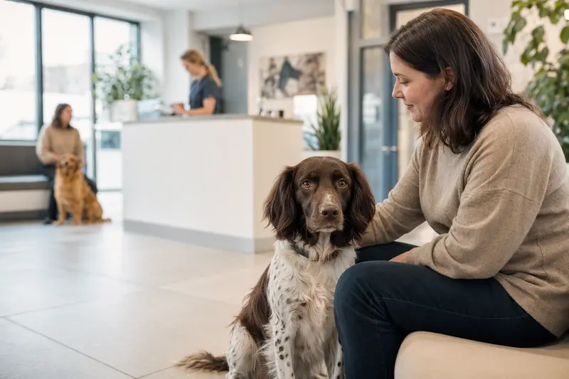 Ein Münsterländer sitzt ruhig neben seinem Besitzer im hellen Wartezimmer einer modernen Tierarztpraxis.